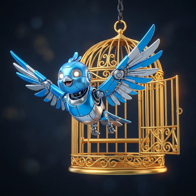 Blue Pidgey the BotCash Mascot Leaving a Cage